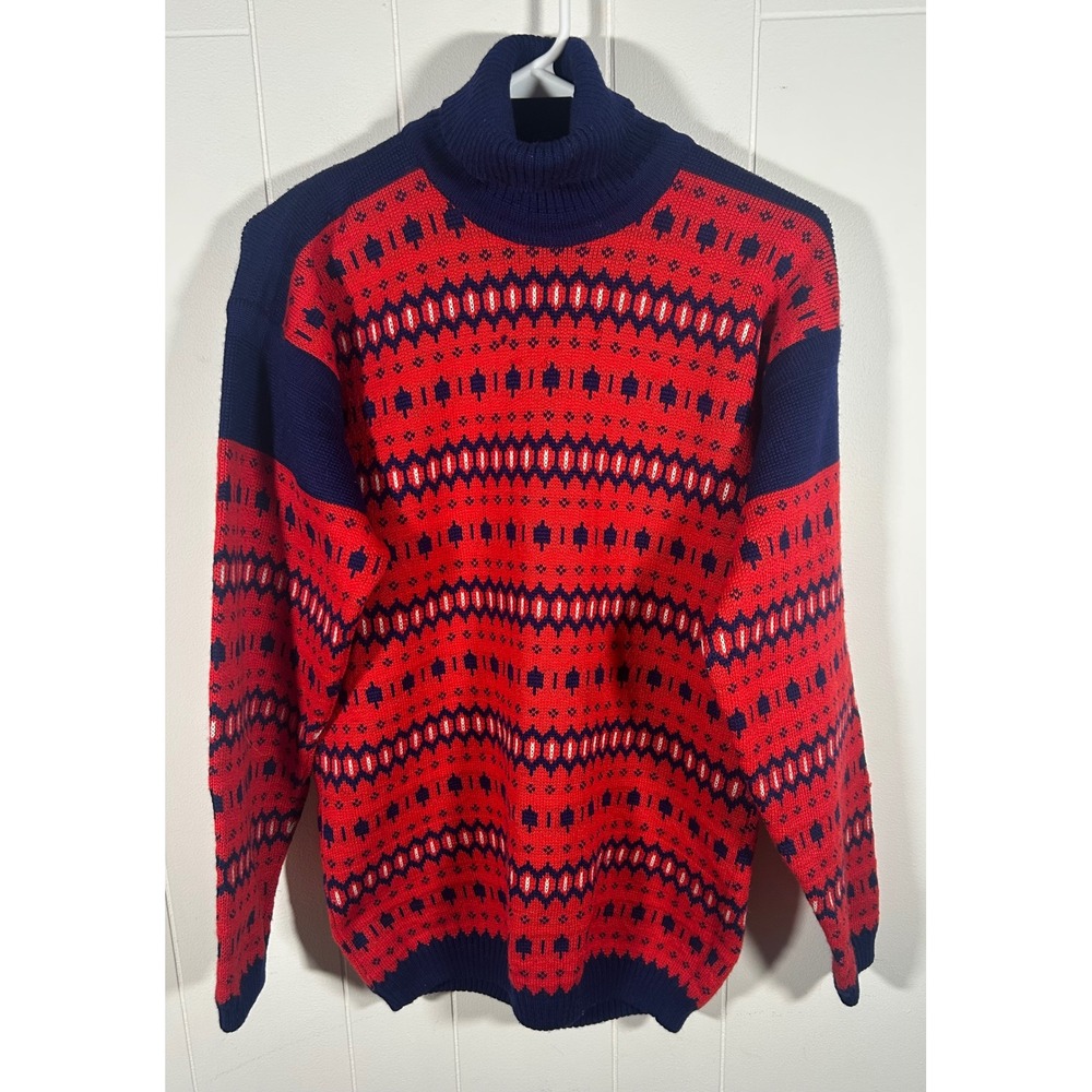 Vtg Charles Wolf Oslo Norway Wool Turtleneck Sweater Red Navy Fair Isle Men M